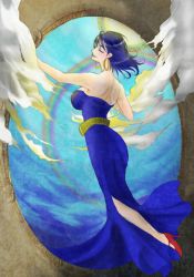 Rule 34 | 1girl, arc the lad, arc the lad ii, blue hair, breasts, dress, earrings, closed eyes, female focus, high heels, jewelry, long hair, mole, revelsoul, shante (arc the lad), shoes, solo