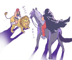 Rule 34 | 1boy, 1girl, cloak, crossed arms, highres, horse, kaituburing, lion, m. bison, marisa (street fighter), muscular, muscular female, muscular male, pants, red hair, red pants, riding, short hair, simple background, skirt, street fighter, street fighter 6