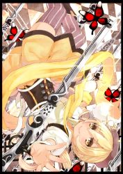 Rule 34 | 10s, 1girl, bad id, bad pixiv id, beret, blonde hair, blush, body blush, boots, border, brown thighhighs, bug, butterfly, checkered background, checkered floor, detached sleeves, drill hair, dutch angle, floor, gun, hair ornament, hairpin, hat, insect, looking at viewer, looking back, magical girl, magical musket, mahou shoujo madoka magica, mahou shoujo madoka magica (anime), outstretched arm, outstretched hand, pleated skirt, puffy sleeves, ribbon, rifle, short hair, sitting, skirt, solo, sparkle, striped clothes, striped thighhighs, takuan (takuan0907), thighhighs, tomoe mami, twin drills, twintails, vertical-striped clothes, vertical-striped thighhighs, weapon, yellow eyes, zettai ryouiki