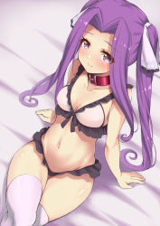 Rule 34 | 1girl, aged down, arm at side, arm support, bare arms, bare shoulders, bed sheet, blush, bra, breasts, cleavage, closed mouth, collar, collarbone, crossed legs, eyelashes, fate/grand order, fate (series), fingernails, frills, from above, groin, hair intakes, hair ribbon, highres, looking at viewer, medium breasts, medusa (fate), medusa (lancer) (fate), medusa (lancer) (final ascension) (fate), medusa (rider) (fate), navel, official alternate costume, piano-alice, purple hair, purple thighhighs, ribbon, rider, shiny clothes, shiny skin, sidelocks, sitting, solo, stomach, thigh gap, thighhighs, twintails, underwear, white bra