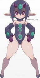 Rule 34 | 1girl, bare shoulders, black footwear, black gloves, black leotard, blush, breasts, closed mouth, des x (disgaea), disgaea, dismania (xenoman), earrings, full body, gloves, gluteal fold, hair between eyes, high heels, highres, horns, jewelry, leotard, pointy ears, purple eyes, purple hair, purple leotard, short eyebrows, small breasts, solo, standing, strapless, strapless leotard, white background