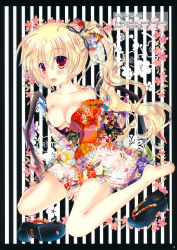 Rule 34 | 1girl, absurdres, alternate costume, barefoot, blonde hair, blush, bow, breasts, crystal, dated, email address, fang, flandre scarlet, floral print, flower, full body, hair bow, hair ornament, highres, japanese clothes, kimono, long hair, looking at viewer, no headwear, no headwear, open clothes, open kimono, open mouth, pekopokox, ponytail, red eyes, ribbon, sandals, scan, shoes, unworn shoes, side ponytail, sitting, solo, striped, striped background, text focus, touhou, vertical stripes, wings