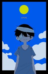 Rule 34 | 1boy, bandage over one eye, bandaged head, bandages, black hair, closed eyes, commentary, copyright name, day, english commentary, facing viewer, grin, highres, hospital gown, male focus, my loleeta, omori, short hair, short sleeves, sky, smile, solo, sun, sunny (omori), tearing up