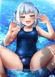 Rule 34 | 1girl, ass, blue eyes, blue hair, blue nails, blue one-piece swimsuit, blue school swimsuit, blush, breasts, cameltoe, claw pose, collarbone, fins, fish tail, gawr gura, grey hair, grin, hair ornament, highres, hololive, hololive english, innertube, kuro yanagi, legs apart, looking at viewer, medium breasts, multicolored hair, nail polish, navel, old school swimsuit, one-piece swimsuit, open mouth, school swimsuit, shark girl, shark hair ornament, shark tail, sharp teeth, shiny clothes, short hair, skindentation, smile, swim ring, swimsuit, tail, teeth, two side up, upper teeth only, virtual youtuber, water, wet