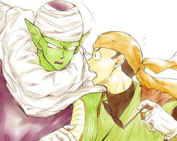 Rule 34 | black eyes, black hair, cape, colored skin, dragon ball, dragonball z, fang, glasses, gloves, green skin, male focus, open mouth, piccolo, pointy ears, simple background, son gohan