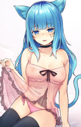 Rule 34 | 1girl, animal ear fluff, animal ears, arm support, babydoll, bare arms, bare shoulders, black choker, blue eyes, blue hair, blush, borushichi, breasts, cat ears, cat tail, choker, commentary request, commission, covered erect nipples, facial mark, gradient background, grey background, lifted by self, long hair, looking at viewer, medium breasts, original, panties, parted lips, pink panties, see-through, side-tie panties, sidelocks, sitting, skeb commission, smile, solo, strap slip, tail, thighhighs, thighs, underwear, white background