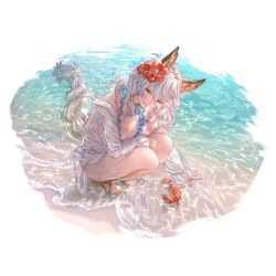 Rule 34 | 1girl, animal ears, beach, breasts, cleavage, erune, flower, granblue fantasy, hair flower, hair ornament, hair tubes, heles, heles (summer) (granblue fantasy), high heels, large breasts, long hair, looking at viewer, official art, one-piece swimsuit, shirt, solo, swimsuit, transparent background, very long hair, wet, wet clothes, wet shirt, white hair, white one-piece swimsuit, yellow eyes