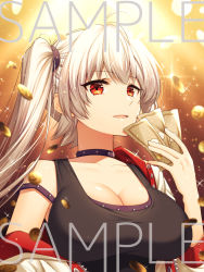 Rule 34 | 1girl, bare shoulders, black tank top, blurry, blurry background, blurry foreground, breasts, cleavage, coin, collar, collarbone, copyright request, depth of field, hand up, highres, holding, large breasts, long hair, looking at viewer, money, official art, parted lips, purple collar, red eyes, sakura tsubame, sample watermark, side ponytail, smile, solo, tank top, upper body, watermark, white hair