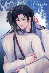 Rule 34 | 2boys, absurdres, black background, black eyes, black hair, blue flower, braided hair rings, character request, chinese clothes, chinese commentary, chinese text, commentary request, copyright request, eyelashes, fingernails, flower, gradient background, hanfu, highres, hug, long hair, long sleeves, low ponytail, male focus, multiple boys, outdoors, parted lips, robe, simple background, single hair ring, stmoryo, teeth, thick eyebrows, translation request, upper body, white background, white robe, wide sleeves, wisteria, yaoi