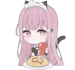 Rule 34 | 1girl, :t, animal ears, black dress, blush, cat cutout, chibi, cleavage cutout, clothing cutout, commentary request, dress, food, hair ornament, hairclip, highres, hocmiya, holding, hololive, hololive english, ketchup, long hair, maid headdress, mori calliope, omelet, omurice, pink eyes, pink hair, plate, short sleeves, sidelocks, simple background, solo, tail, virtual youtuber, white background, white headdress