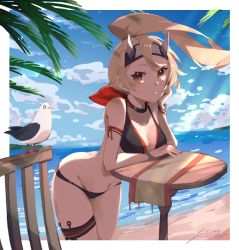 Rule 34 | 1girl, alternate costume, aoi (dragalia lost), bare shoulders, beach, bird, blonde hair, breasts, closed mouth, dragalia lost, headband, kanamaki (siluxd makiront), leaning on table, long hair, looking at viewer, pigeon, swimsuit, thigh strap, upper body, yellow eyes
