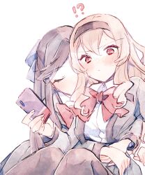 Rule 34 | !?, 2girls, blonde hair, blue bow, blush, bow, bowtie, breast pocket, brown hair, brown hairband, brown pantyhose, cellphone, closed eyes, closed mouth, collared shirt, covered mouth, cowboy shot, fingernails, grey jacket, grey skirt, hair between eyes, hair bow, hairband, half updo, hand up, heads together, highres, holding, holding phone, hug, hug from behind, jacket, knees up, long hair, long sleeves, looking at viewer, multiple girls, one eye covered, open clothes, open jacket, pantyhose, parted bangs, phone, pink eyes, pleated skirt, pocket, red bow, red bowtie, saijou claudine, school uniform, seishou music academy uniform, shirt, shoujo kageki revue starlight, sidelocks, simple background, sitting, skirt, smartphone, sweatdrop, tendou maya, v-shaped eyebrows, wato (ko), white background, white shirt, yuri