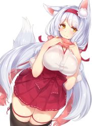 Rule 34 | 1girl, blush, breasts, closed mouth, cowboy shot, curvy, dutch angle, hairband, hakama, hakama short skirt, hakama skirt, highres, japanese clothes, kantai collection, kemonomimi mode, large breasts, leg ribbon, long hair, looking at viewer, paw print, pokoten (pokoten718), ribbon, ribbon-trimmed skirt, ribbon trim, scarf, shoukaku (kancolle), silver hair, simple background, skirt, smile, solo, tail, thick thighs, thigh ribbon, thighhighs, thighs, very long hair, waifu2x, white background, wide hips, yellow eyes