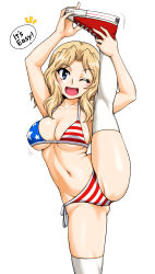 Rule 34 | 1girl, american flag bikini, american flag print, bikini, blonde hair, blue eyes, blush, bouncing breasts, breasts, cleavage, collarbone, covered erect nipples, female focus, flag print, girls und panzer, gluteal fold, groin, highres, kay (girls und panzer), large breasts, leg up, long hair, looking at viewer, navel, one eye closed, oosaka kanagawa, open mouth, print bikini, side-tie bikini bottom, simple background, solo, speech bubble, standing, standing on one leg, swimsuit, thighhighs, white background, white thighhighs
