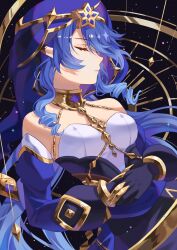Rule 34 | 1girl, bare shoulders, black gloves, blue hair, blue hood, blue sleeves, claw ring, closed eyes, detached sleeves, dress, drill hair, drill sidelocks, genshin impact, gloves, gold choker, highres, hood, hood up, jewelry, layla (genshin impact), neck ring, night, night sky, orikawaz, sidelocks, sky, sleeveless, sleeveless dress, solo, twin drills, upper body