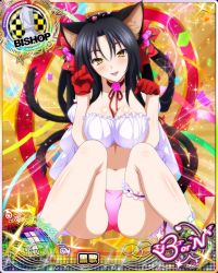 Rule 34 | 1girl, animal ear fluff, animal ears, bishop (chess), black hair, blush, breasts, card (medium), cat ears, cat girl, cat tail, character name, chess piece, choker, cleavage, flower, gloves, hair flower, hair ornament, hair rings, hairband, high school dxd, high school dxd born, kuroka (high school dxd), large breasts, lipstick, long hair, looking at viewer, makeup, midriff, multiple tails, navel, official art, open mouth, paw pose, purple lips, red gloves, slit pupils, smile, solo, tail, thigh strap, third-party source, trading card, yellow eyes