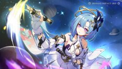 Rule 34 | 1girl, aged up, bare shoulders, blue hair, breasts, chinese commentary, cleavage cutout, clothing cutout, collarbone, detached sleeves, dress, earrings, gloves, griseo, griseo (cosmic expression), highres, holding, holding weapon, honkai (series), honkai impact 3rd, jewelry, large breasts, light blue hair, official art, official wallpaper, paintbrush, painting (action), parted lips, planet, purple eyes, saturn (planet), solo, space, star (sky), upper body, weapon, white dress, white gloves, white sleeves