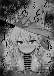 Rule 34 | 1boy, 1girl, bare shoulders, blush, braid, breasts, detached collar, dress, fate/grand order, fate (series), fellatio, flower, greyscale, hair between eyes, hat, hat flower, heart, hetero, kurotama, large breasts, long hair, looking at viewer, monochrome, morgan le fay (fate), morgan le fay (valentine witches) (fate), motion lines, nipples, open clothes, open dress, oral, penis, pov, puffy nipples, rose, saliva, sweat, witch hat