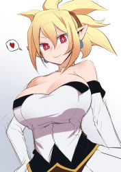 Rule 34 | 1girl, bare shoulders, blonde hair, blush, breasts, bright pupils, cleavage, demon girl, detached sleeves, disgaea, dress, earrings, hand on own hip, heart, huge breasts, jewelry, makai senki disgaea 2, maydrawfag, pointy ears, red eyes, rozalin, scrunchie, smile, solo, spoken heart, strapless, strapless dress, white pupils