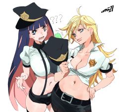 Rule 34 | 2girls, ?, ??, absurdres, artist name, belt, black belt, black hair, black shorts, blonde hair, breasts, cleavage, collared shirt, colored inner hair, cowboy shot, earrings, hat, highres, holding, holding clothes, holding hat, jewelry, large breasts, long hair, midriff, multicolored hair, multiple girls, navel, panty &amp; stocking with garterbelt, panty (psg), pink hair, police, police badge, police hat, police uniform, policewoman, shirt, shorts, siblings, simple background, sisters, smile, stocking (psg), suspenders, uniform, unworn hat, unworn headwear, very long hair, white background, whoopsatro