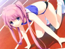 Rule 34 | 1girl, all fours, bare shoulders, blue eyes, flat chest, game cg, iizuki tasuku, legs, long hair, looking away, lovely x cation 2, nirasaki hinata, pink hair, running track, serious, shadow, shoes, sneakers, solo, thighs, track and field, twintails