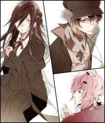 Rule 34 | 1girl, 2boys, 5574iahu, blazer, brown eyes, brown hair, collar x malice, facing to the side, hat, isshiki yasuhiro, jacket, jewelry, long hair, long sleeves, looking at viewer, multiple boys, necklace, pink eyes, pink hair, school uniform, short hair, uno shion, uno suzune, white background