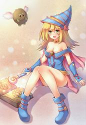 Rule 34 | 18826, 1girl, :d, areola slip, bad id, bad pixiv id, bare shoulders, blonde hair, blue footwear, book, boots, breasts, choker, cleavage, dark magician girl, dianche miao (18826), duel monster, green eyes, hair between eyes, hat, highres, kuriboh, long hair, magic circle, open mouth, smile, wizard hat, yu-gi-oh!