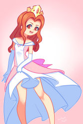 Rule 34 | 1girl, bow, brown eyes, brown hair, collarbone, crown, digimon, digimon adventure, drantyno, dress, gloves, happy, long hair, looking at viewer, open mouth, pink background, pink dress, princess, sleeveless, sleeveless dress, smile, solo, sparkle, tachikawa mimi, teeth, waist bow, white gloves