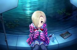 Rule 34 | 1girl, blonde hair, book, bottle, cellphone, collarbone, ear piercing, evening, floating, frilled skirt, frills, hair over one eye, holding, holding book, hood, hoodie, idolmaster, idolmaster cinderella girls, looking at viewer, official art, oversized clothes, phone, piercing, reflection, reflective water, shirasaka koume, short hair, sitting, skirt, smile, solo, water, water bottle, waves