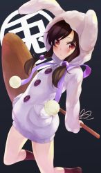 Rule 34 | 1girl, animal hood, black footwear, blush, brown hair, buttons, closed mouth, commentary request, hammer, holding, holding hammer, hood, hoodie, kneehighs, kneeling, long sleeves, looking at viewer, low twintails, original, pocket, pom pom (clothes), purple socks, rabbit hood, ratsuku kinoko, red eyes, ribbon, socks, solo, swept bangs, tareme, twintails, white ribbon