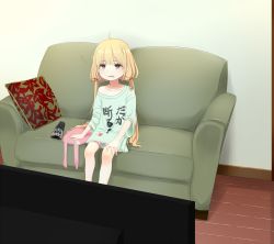 Rule 34 | 10s, 1girl, blonde hair, clothes writing, controller, couch, futaba anzu, green upholstery, highres, idolmaster, idolmaster cinderella girls, long hair, pillow, red eyes, remote control, saliva, shirt, sitting, sleepy, solo, t-shirt