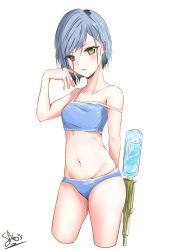 Rule 34 | 1girl, absurdres, alternate costume, arm behind back, bikini, blue bikini, blue hair, blush, breasts, cowboy shot, cropped legs, darling in the franxx, ears visible through hair, from side, green eyes, groin, head tilt, highres, ichigo (darling in the franxx), legs apart, looking at viewer, navel, off shoulder, sato art, short hair, simple background, small breasts, solo, standing, swept bangs, swimsuit, tankini, thighs, water gun, white background