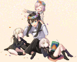 Rule 34 | 1boy, 3girls, aged down, ahoge, artoria pendragon (all), artoria pendragon (fate), black hair, black jacket, black legwear, black pants, black ribbon, black shirt, black shorts, blonde hair, blue eyes, blush, book, carrying, child, closed eyes, collarbone, fate/grand order, fate (series), fujimaru ritsuka (male), full body, geroro, grey shirt, hair ribbon, head wings, holding, holding book, jacket, jeanne d&#039;arc (fate), jeanne d&#039;arc (ruler) (fate), jeanne d&#039;arc alter (fate), jeanne d&#039;arc alter (ver. shinjuku 1999) (fate), looking up, lying, mash kyrielight, multiple girls, necktie, official alternate costume, on back, open book, open mouth, pants, pantyhose, parted lips, petals, piggyback, pink hair, ponytail, red necktie, ribbon, saber (fate), saber alter, saber alter (ver. shinjuku 1999) (fate), shirt, short hair, short shorts, shorts, shoulder carry, silver hair, socks, wings, yellow eyes