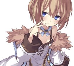 Rule 34 | 1girl, bare shoulders, blanc (neptunia), blue eyes, blush, brown hair, buran buta, coat, detached collar, dress, finger to mouth, fur trim, looking at viewer, neptune (series), nervous smile, short hair, simple background, smile, solo, spaghetti strap, sweatdrop, v, white background, white coat, white dress, wide sleeves