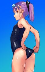 Rule 34 | 1girl, absurdres, adjusting clothes, adjusting swimsuit, aoreyo, ass, bad id, bad twitter id, blue background, cowboy shot, fate/grand order, fate (series), goggles, goggles on head, gradient background, helena blavatsky (fate), helena blavatsky (swimsuit archer) (fate), helena blavatsky (swimsuit archer) (first ascension) (fate), highres, looking at viewer, one-piece swimsuit, ponytail, purple eyes, purple hair, school swimsuit, short hair, sideways glance, simple background, solo, swimsuit, wet
