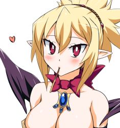 Rule 34 | 1girl, bare shoulders, black wings, blue gemstone, bow, bowtie, breasts, bright pupils, brooch, cleavage, collarbone, disgaea, earrings, food, gem, hair between eyes, heart, jadf, jewelry, looking at viewer, makai senki disgaea, makai senki disgaea 2, medium breasts, mouth hold, pocky, pointy ears, ponytail, red bow, red bowtie, red eyes, rozalin, short hair, sidelocks, simple background, solo, tsurime, upper body, white background, white pupils, wings
