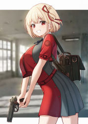 Rule 34 | 1girl, absurdres, bag, belt, blonde hair, blue ribbon, bookbag, breast curtain, breasts squeezed together, breasts, buttons, classroom, collared shirt, cowboy shot, double-breasted, dress, folded hair, grey dress, grin, gun, hair between eyes, hair ribbon, handgun, highres, kano (wi3028), large breasts, letterboxed, light blush, looking at viewer, lycoris recoil, lycoris uniform, m1911, medium hair, neck ribbon, nishikigi chisato, outside border, pleated dress, red dress, red eyes, red ribbon, ribbon, shirt, short dress, short sleeves, smile, solo, two-tone dress, v arms, weapon, white shirt