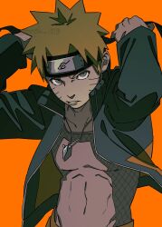 1boy blonde_hair blue_eyes facial_mark fishnet_top fishnets forehead_protector headband highres jacket jewelry konohagakure_symbol looking_at_viewer male_focus naruto_(series) naruto_shippuuden navel necklace open_clothes open_jacket orange_background parted_lips pnpk_1013 simple_background solo spiked_hair toned toned_male track_jacket twitter_username upper_body uzumaki_naruto whisker_markings