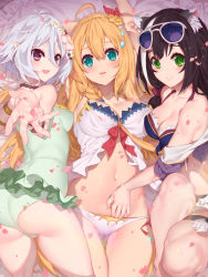 Rule 34 | 3girls, ahoge, animal ear fluff, animal ears, armlet, arms up, ass, bikini, black hair, blonde hair, blue bikini, braid, breasts, casual one-piece swimsuit, cat ears, cleavage, collarbone, eyewear on head, flower, gluteal fold, green eyes, green one-piece swimsuit, hair between eyes, hair flower, hair ornament, hairband, hand under clothes, hand under swimsuit, highres, karyl (princess connect!), karyl (summer) (princess connect!), kokkoro (princess connect!), kokkoro (summer) (princess connect!), large breasts, long hair, looking at viewer, lying, multicolored hair, multiple girls, navel, on side, one-piece swimsuit, outstretched arm, outstretched hand, parted lips, pecorine (princess connect!), pecorine (summer) (princess connect!), petals, pointy ears, princess connect!, purple eyes, short hair, side-tie bikini bottom, side braid, sidelocks, sitting, small breasts, smile, streaked hair, sunglasses, swimsuit, thigh strap, very long hair, waterring, white bikini, white hair