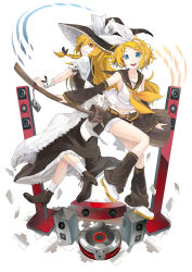 Rule 34 | 2girls, blonde hair, blue eyes, braid, broom, camera, crossover, detached sleeves, dress, hair ornament, hairband, hairclip, hat, highres, kagamine rin, kirisame marisa, long hair, looking at viewer, midriff, multiple girls, navel, shoes, short hair, simple background, single braid, smile, speaker, tokiti, touhou, vocaloid, white background, witch hat, yellow eyes