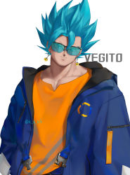 Rule 34 | 1boy, absurdres, blue jacket, character name, closed mouth, dragon ball, dragon ball super, earrings, eyes visible through eyewear, fusion, highres, jacket, jewelry, ksuke (k-taro31), looking at viewer, male focus, open clothes, open jacket, orange shirt, potara earrings, shirt, short hair, simple background, smile, solo, spiked hair, sunglasses, super saiyan, super saiyan blue, twitter username, upper body, vegetto, white background