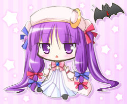 Rule 34 | 2girls, alternate hairstyle, animalization, bat (animal), bat wings, black footwear, blue bow, blue ribbon, blush, bow, bowtie, chestnut mouth, chibi, commentary request, crescent, crescent pin, hair bow, hat, hat ribbon, koakuma, light background, long hair, mizuno kurage, mob cap, multiple girls, necktie, patchouli knowledge, pink bow, pink neckwear, purple eyes, purple hair, raised eyebrows, red bow, red neckwear, red ribbon, ribbon, sitting, star (symbol), striped, striped background, touhou, twintails, very long hair, wings