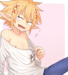 Rule 34 | 1boy, arm support, bad id, bad twitter id, blonde hair, blue pants, collar tug, elf, fangs, green eyes, hair ornament, heart, ishuzoku reviewers, looking at viewer, male focus, nipples, open mouth, pants, pink background, pointy ears, shirt, simple background, smile, solo, white shirt, zel (ishuzoku reviewers)