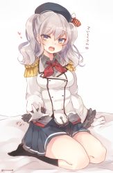 Rule 34 | 10s, 1girl, ascot, beret, black socks, blue eyes, blush, breasts, buttons, epaulettes, female focus, frilled socks, frills, full body, gloves, hat, heart, jacket, kantai collection, kashima (kancolle), kerchief, kneehighs, large breasts, long hair, looking at viewer, military, military uniform, miniskirt, open mouth, pleated skirt, riruno, round teeth, seiza, sidelocks, silver hair, sitting, skirt, smile, socks, solo, teeth, tsurime, twintails, uniform, wavy hair, white gloves