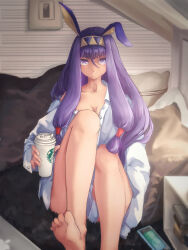 Rule 34 | 1girl, barefoot, breasts, cellphone, cleavage, coffee cup, commentary request, cup, disposable cup, epic - trolly, fate/grand order, fate (series), feet, foot out of frame, highres, indoors, light smile, long hair, looking at viewer, medium breasts, nitocris (fate), phone, procreate (medium), purple eyes, purple hair, sitting, smartphone, smile, soles, solo, starbucks, toes