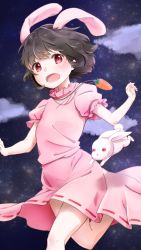 Rule 34 | 1girl, animal ears, black hair, blush, carrot, dress, extra ears, highres, inaba tewi, jewelry, kinako (shiratama mochi), looking at viewer, necklace, open mouth, pink dress, puffy sleeves, rabbit, rabbit ears, red eyes, short hair, short sleeves, smile, solo, touhou, upskirt, usako, usako (ppp usagi )