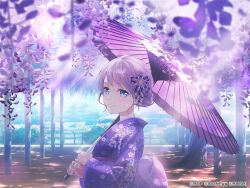 Rule 34 | 1girl, bang dream!, blue eyes, floral print, flower, grey hair, hair flower, hair ornament, holding, holding umbrella, japanese clothes, kimono, long hair, long sleeves, looking at viewer, official art, parted lips, print kimono, purple flower, purple kimono, purple umbrella, smile, tree, umbrella, updo, wakamiya eve, wide sleeves, wisteria