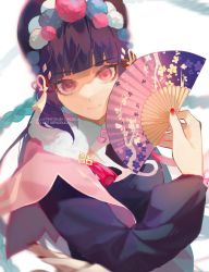 Rule 34 | 1girl, absurdres, artist name, blunt bangs, bonnet, capelet, closed mouth, dress, fur-trimmed capelet, fur trim, genshin impact, hand fan, hat, highres, holding, holding fan, jianli, lolita fashion, long hair, long sleeves, looking at viewer, nail polish, pink capelet, pink eyes, purple hair, qi lolita, red nails, simple background, solo, tassel, upper body, watermark, white background, yun jin (genshin impact)