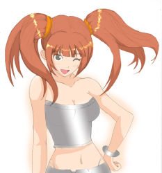 Rule 34 | 00s, 1girl, bare shoulders, breasts, brown hair, cleavage, grey eyes, idolmaster, idolmaster (classic), idolmaster 1, aged up, one eye closed, small breasts, solo, takatsuki yayoi, twintails, willwind30, wink