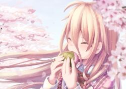 Rule 34 | 1girl, blonde hair, blurry, blurry foreground, blush, bow, bowtie, braid, cherry blossoms, closed eyes, collared shirt, commentary, eating, food, food on face, haiyuki yuki, holding, holding food, ia (vocaloid), jewelry, long hair, long sleeves, ring, sakura mochi, shirt, solo, striped bow, striped bowtie, striped clothes, twin braids, upper body, very long hair, vocaloid, wagashi, wind